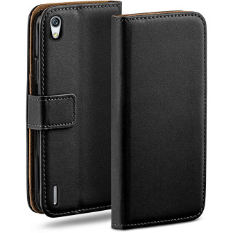 moex Book Case für Huawei Ascend P7 – Klapphülle aus PU Leder mit Kartenfach, Komplett Schutz – Deep-Black