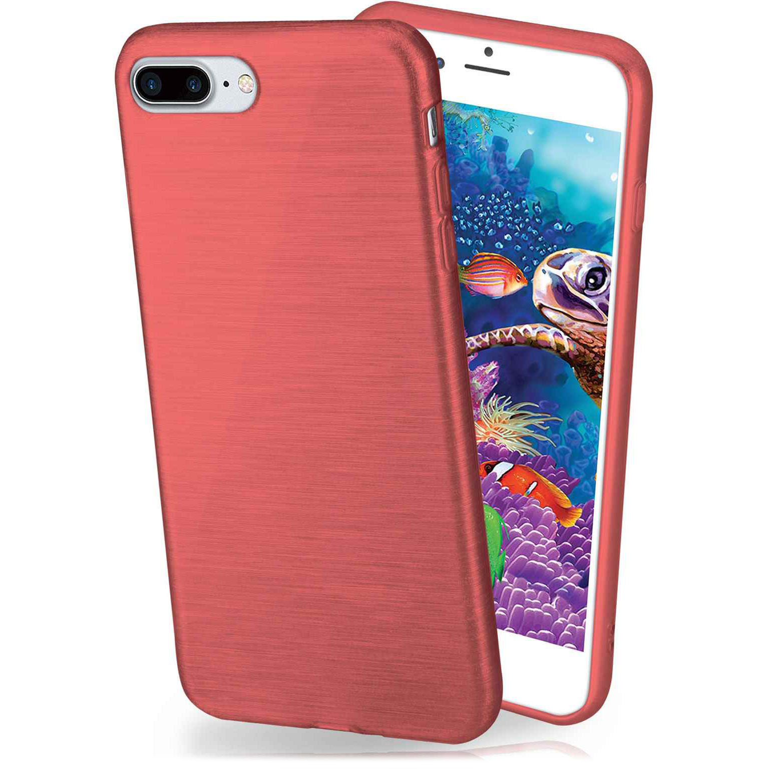 moex Brushed Case für iPhone 8 Plus – Silikon Handyhülle, Backcover in Aluminium Optik – Coral-Red