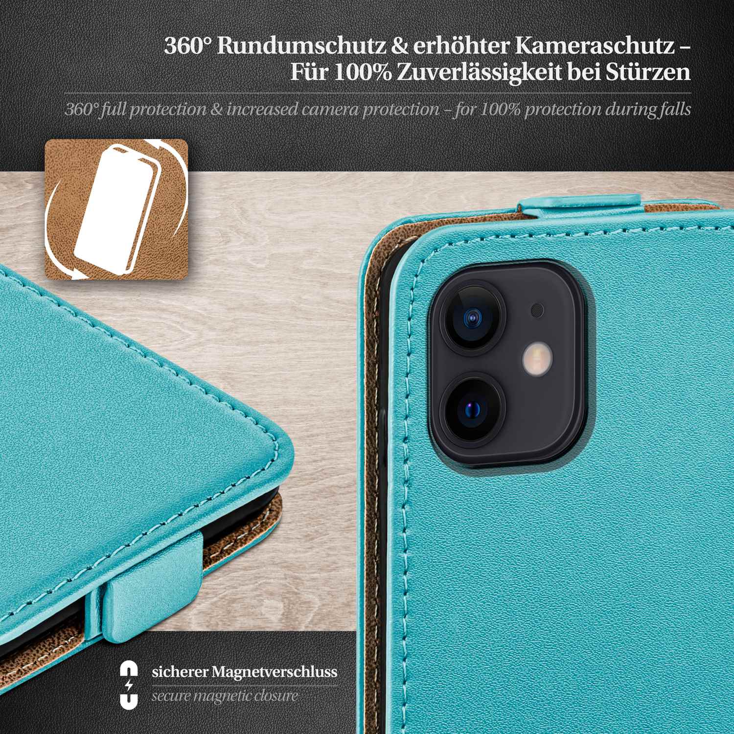 moex Flip Case iPhone 12 Klapphülle Leder Optik – Weiteres Produktbild 2