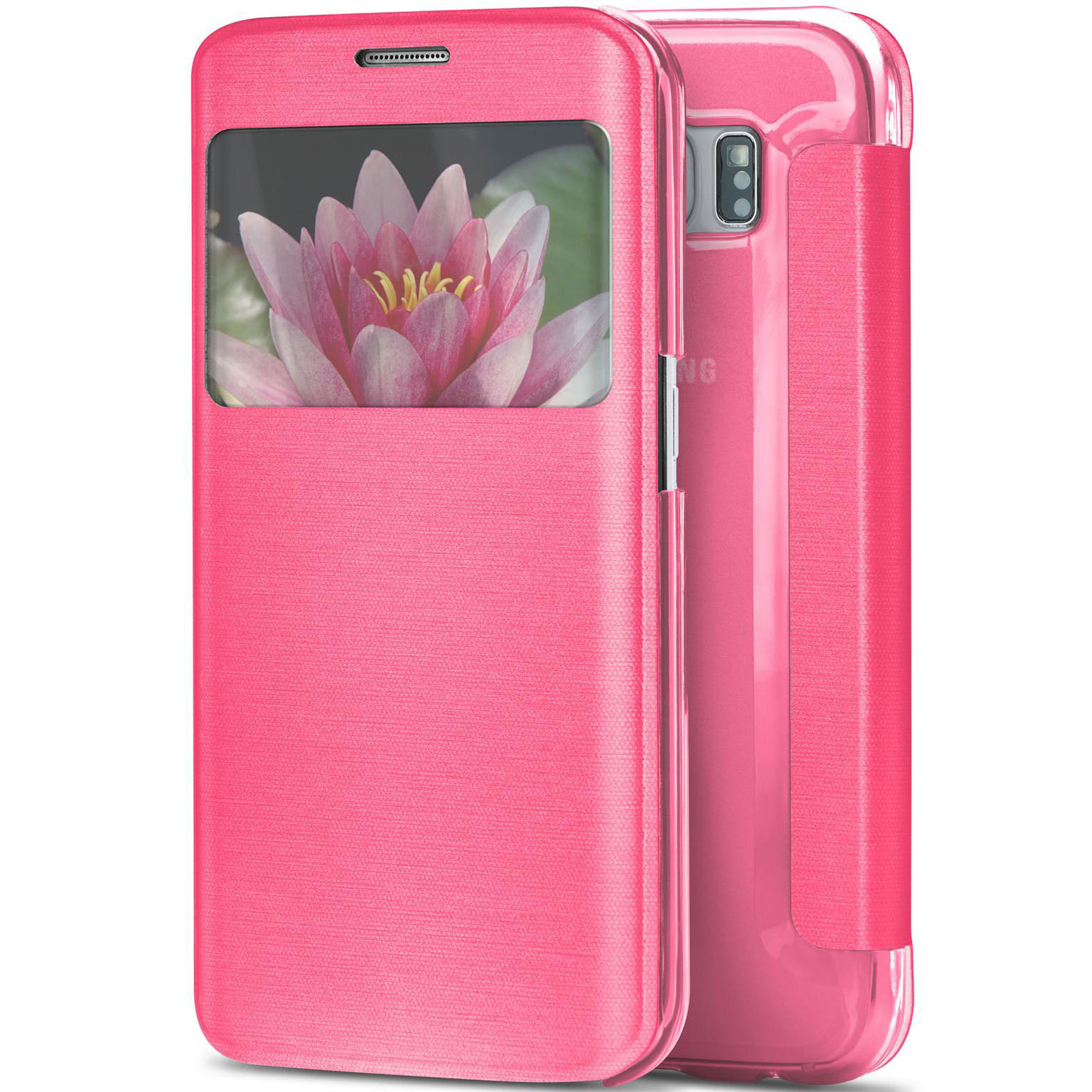 moex Focus Case für Samsung Galaxy S6 Edge – Klapphülle mit Sichtfenster – Handytasche mit Rundumschutz – Lotus