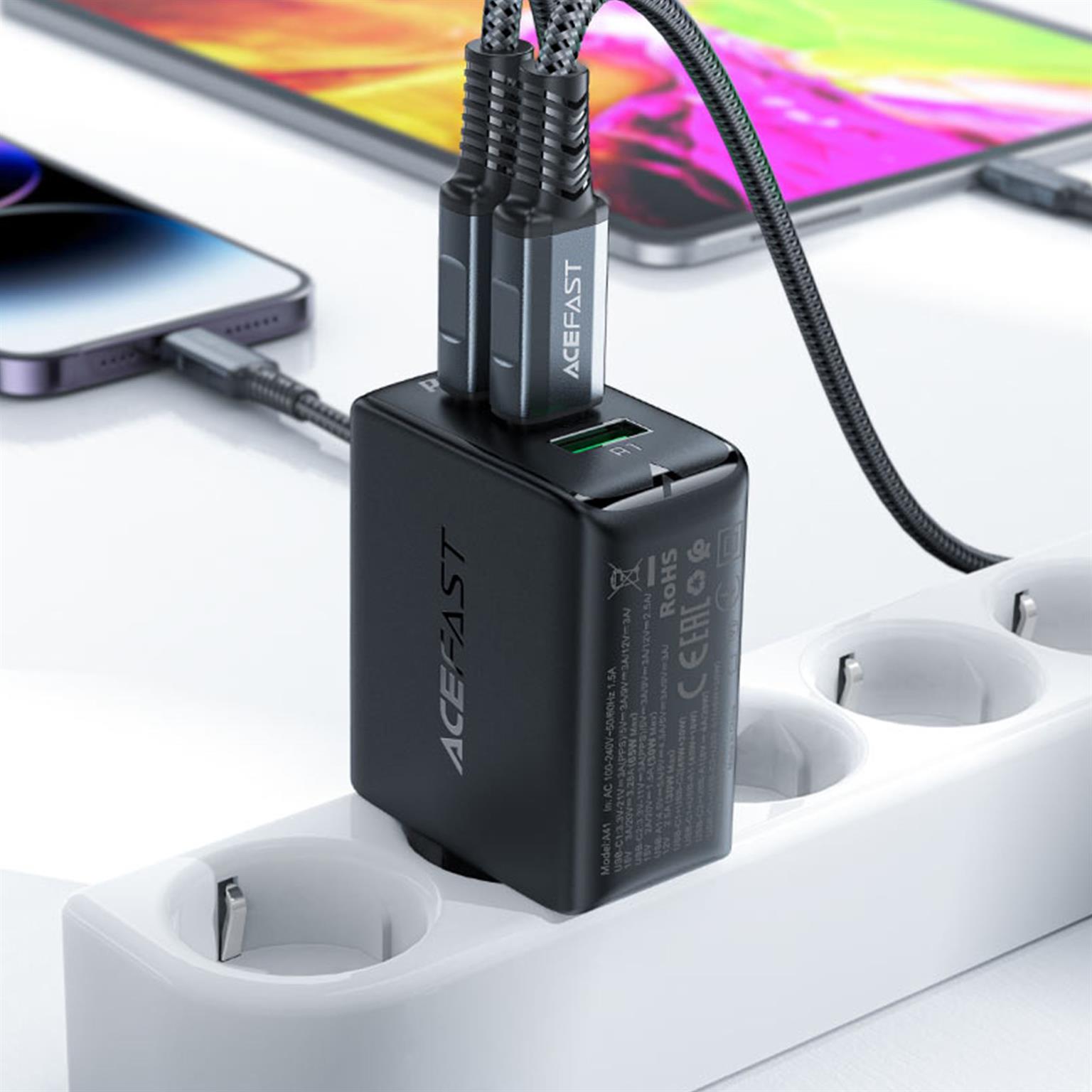 Acefast Ladegerät – 2x USB-C, 1x USB-A für Smartphones und andere Geräte, Schnelladegerät GaN2, 65 W Leistung – Weiteres Produktbild 6