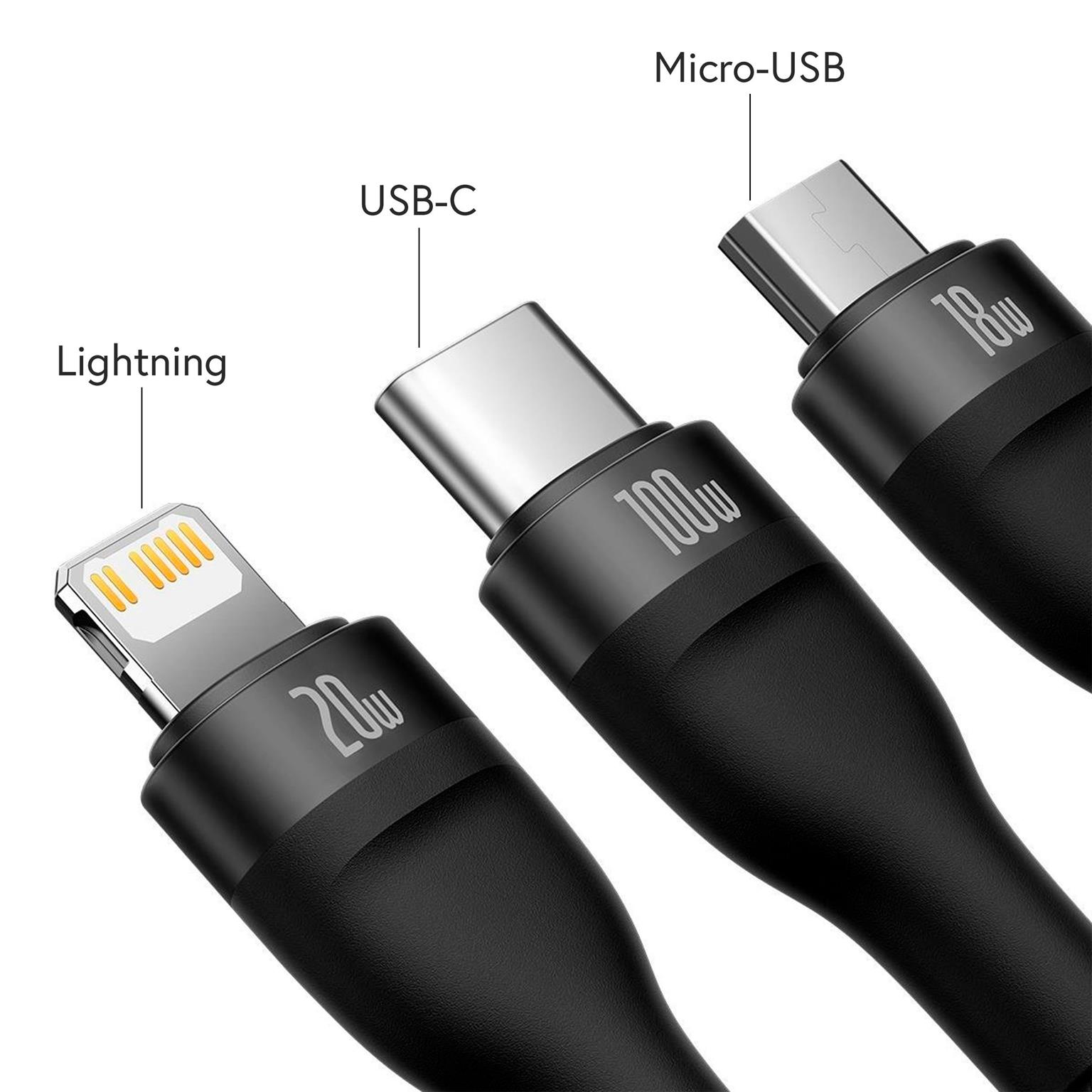 Baseus multifunktionales 3-in-1 Ladekabel - USB-C/Lightning/Micro-USB für Smartphones - 1,2 Meter - Fixe Länge – Weiteres Produktbild 2