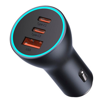 Baseus Autoladegerät – Kfz USB-Ladegerät im Zigarettenanzünder für Smartphones, USB-A+ 2x USB-C, 65W – Dunkelgrau