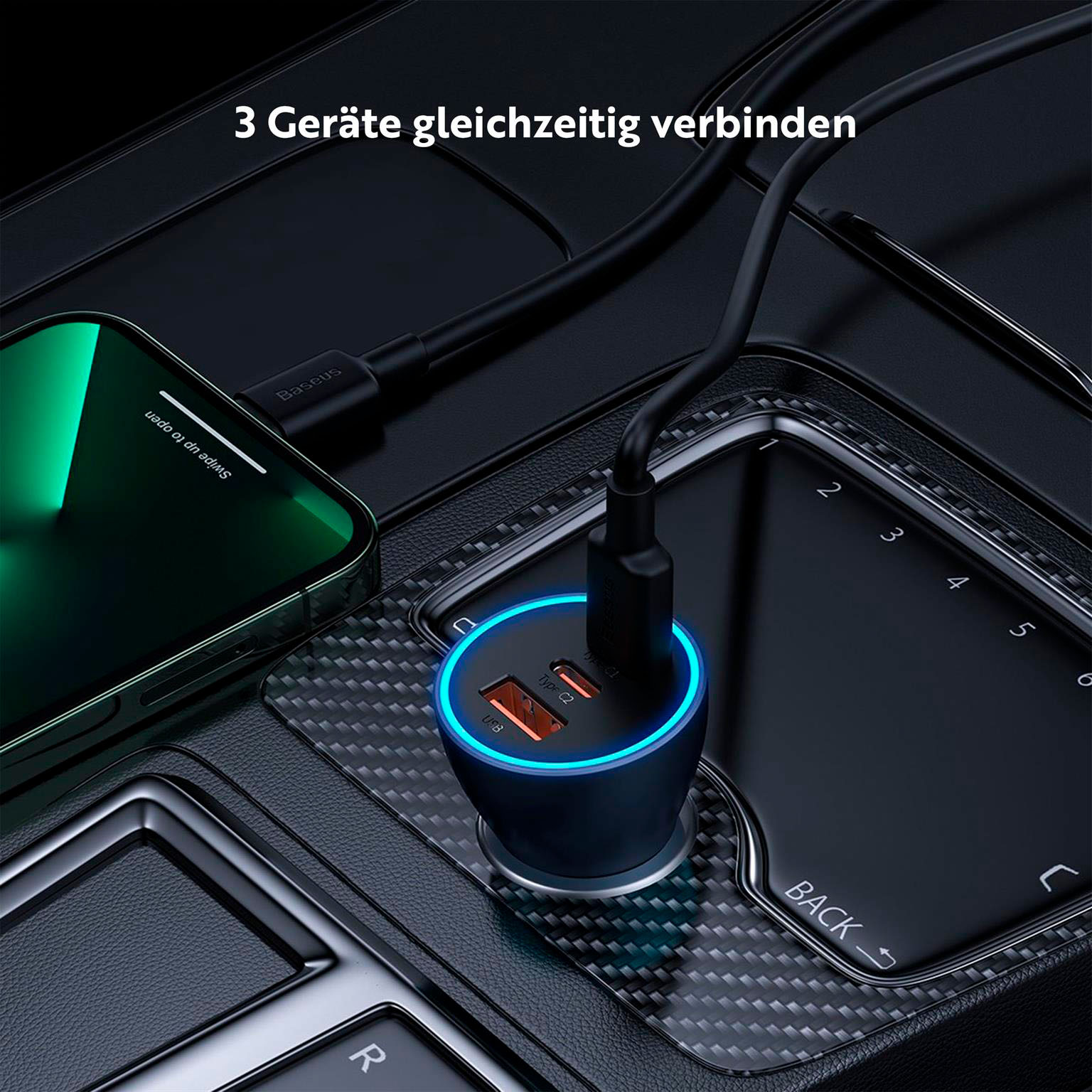 Baseus Autoladegerät – Kfz USB-Ladegerät im Zigarettenanzünder für Smartphones, USB-A+ 2x USB-C, 65W – Weiteres Produktbild 2