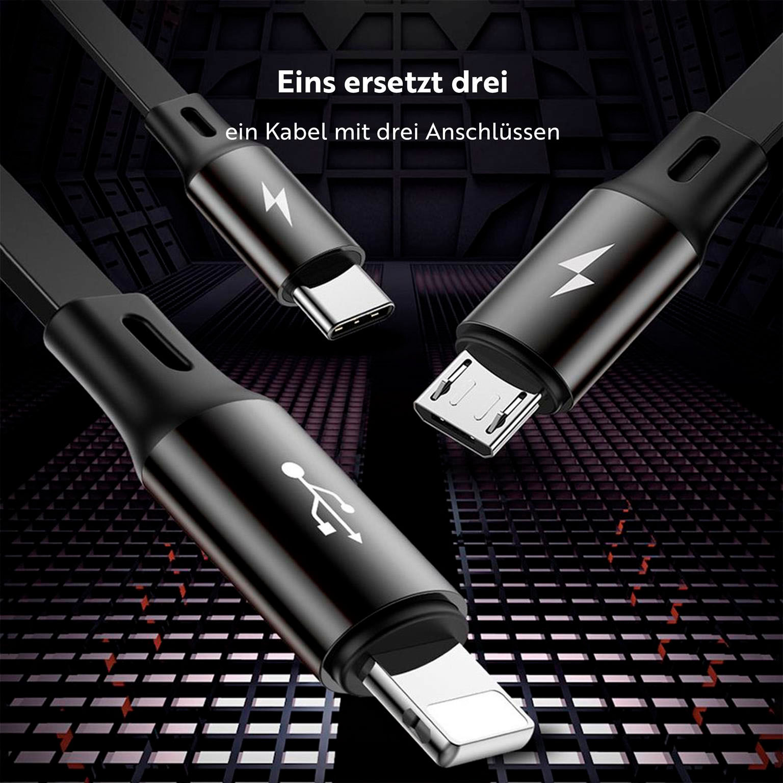 Baseus multifunktionales 3-in-1 Ladekabel - USB-C/Lightning/Micro-USB für Smartphones - 1,2 Meter - Aufrollbar – Weiteres Produktbild 4