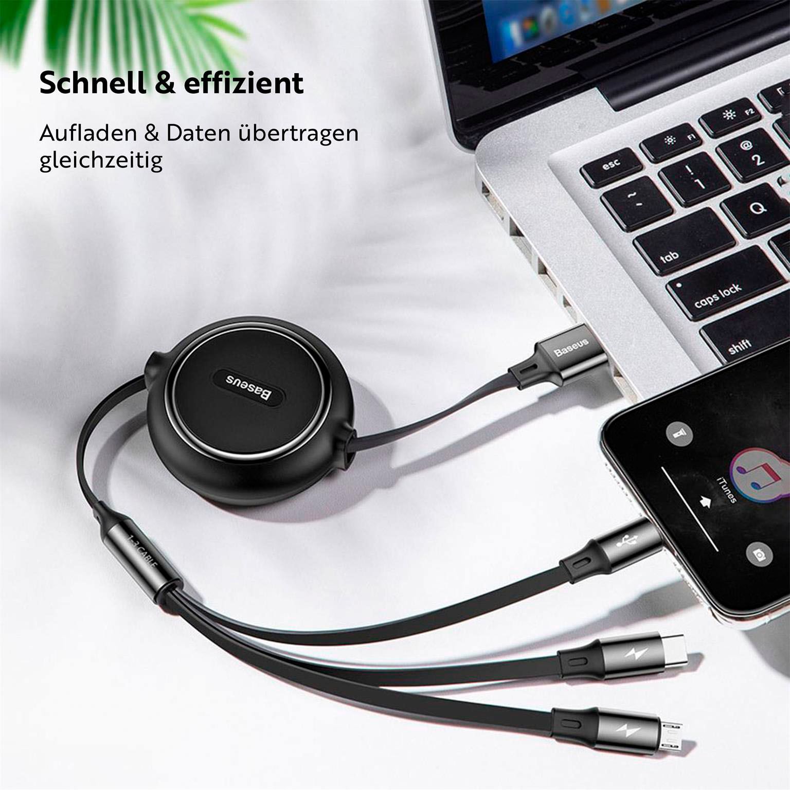 Baseus multifunktionales 3-in-1 Ladekabel - USB-C/Lightning/Micro-USB für Smartphones - 1,2 Meter - Aufrollbar – Weiteres Produktbild 7