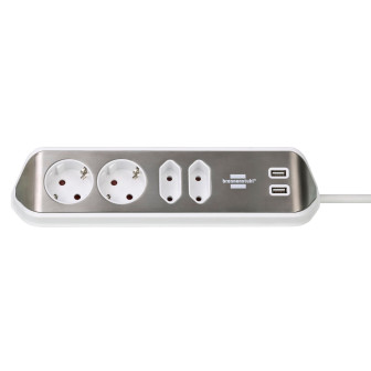 brennenstuhl Eck-Steckdosenleiste – 2x Schutzkontakt, 2x Euro und 2x USB Ladebuchsen, estilo Serie – Silber/Weiß