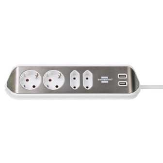 brennenstuhl Eck-Steckdosenleiste – 2x Schutzkontakt, 2x Euro und 2x USB Ladebuchsen, estilo Serie – Silber/Weiß brennenstuhl Eck-Steckdosenleiste – 2x Schutzkontakt, 2x Euro und 2x USB Ladebuchsen, estilo Serie – Silber/Weiß