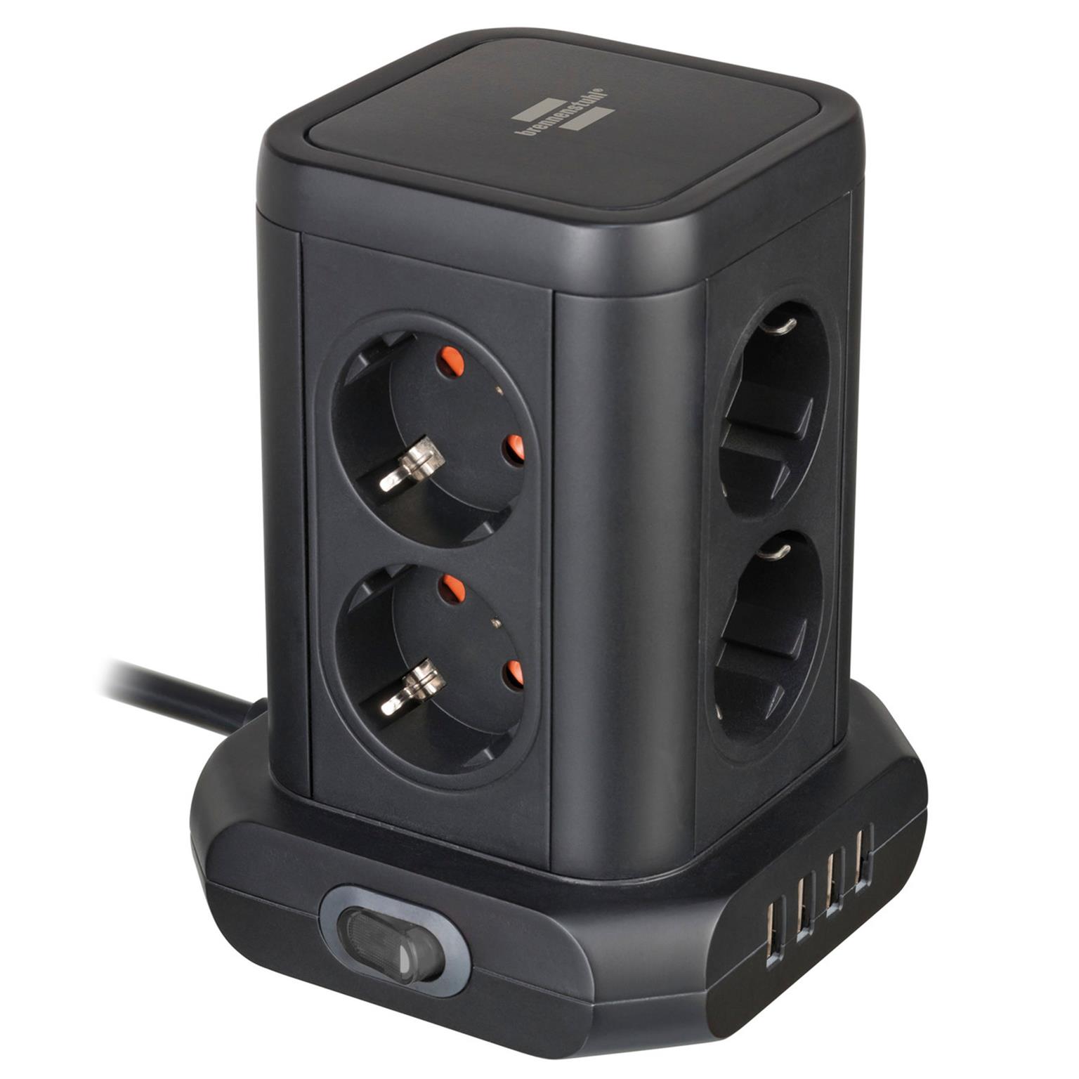brennenstuhl Steckdosenturm 8-fach – Mehrfachsteckdose, USB-Steckdosenleiste mit Schalter, 2m Kabel – undefined