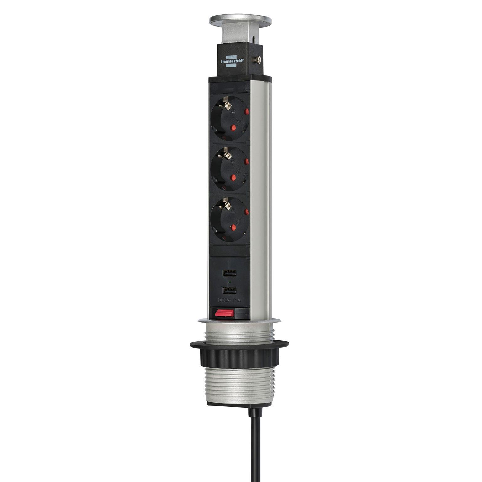brennenstuhl Tower Power Tischsteckdosenleiste 3-fach – versenkbare Tischsteckdose 2m Kabel USB – undefined