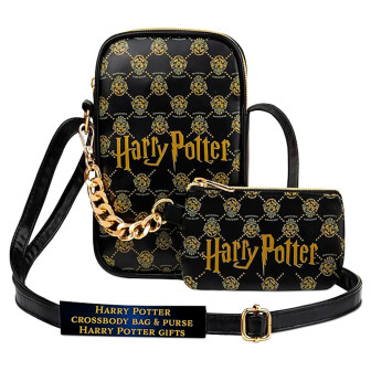 Harry Potter Umhängetasche – Crossbody Tasche mit Hogwarts Wappen, vielseitige Schultertasche für Fans – Schwarz/Gold (Muster)