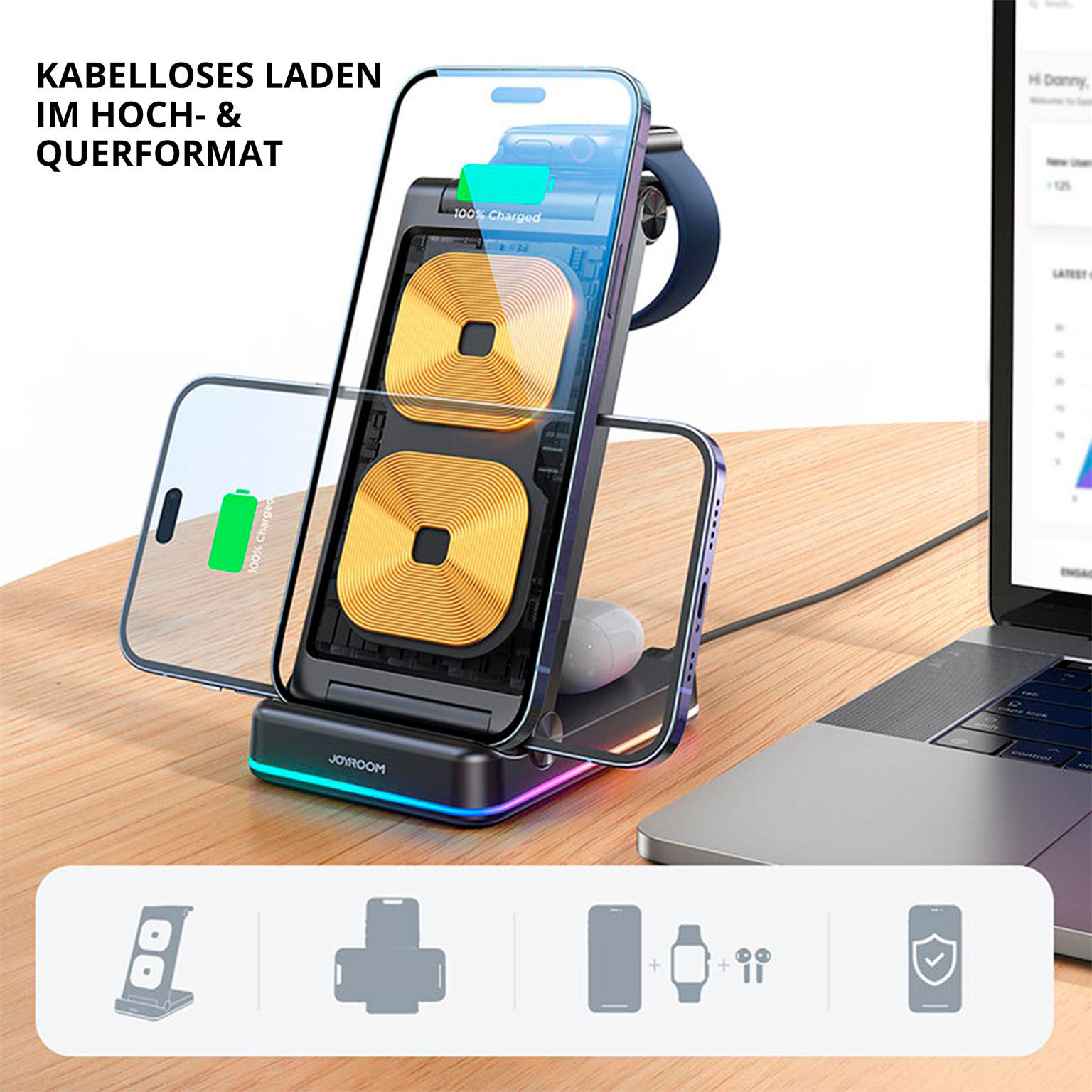 Joyroom 3in1 Induktionsladegerät für Apple Geräte – iPhone, Apple Watch, Airpods gleichzeitig laden – Weiteres Produktbild 4