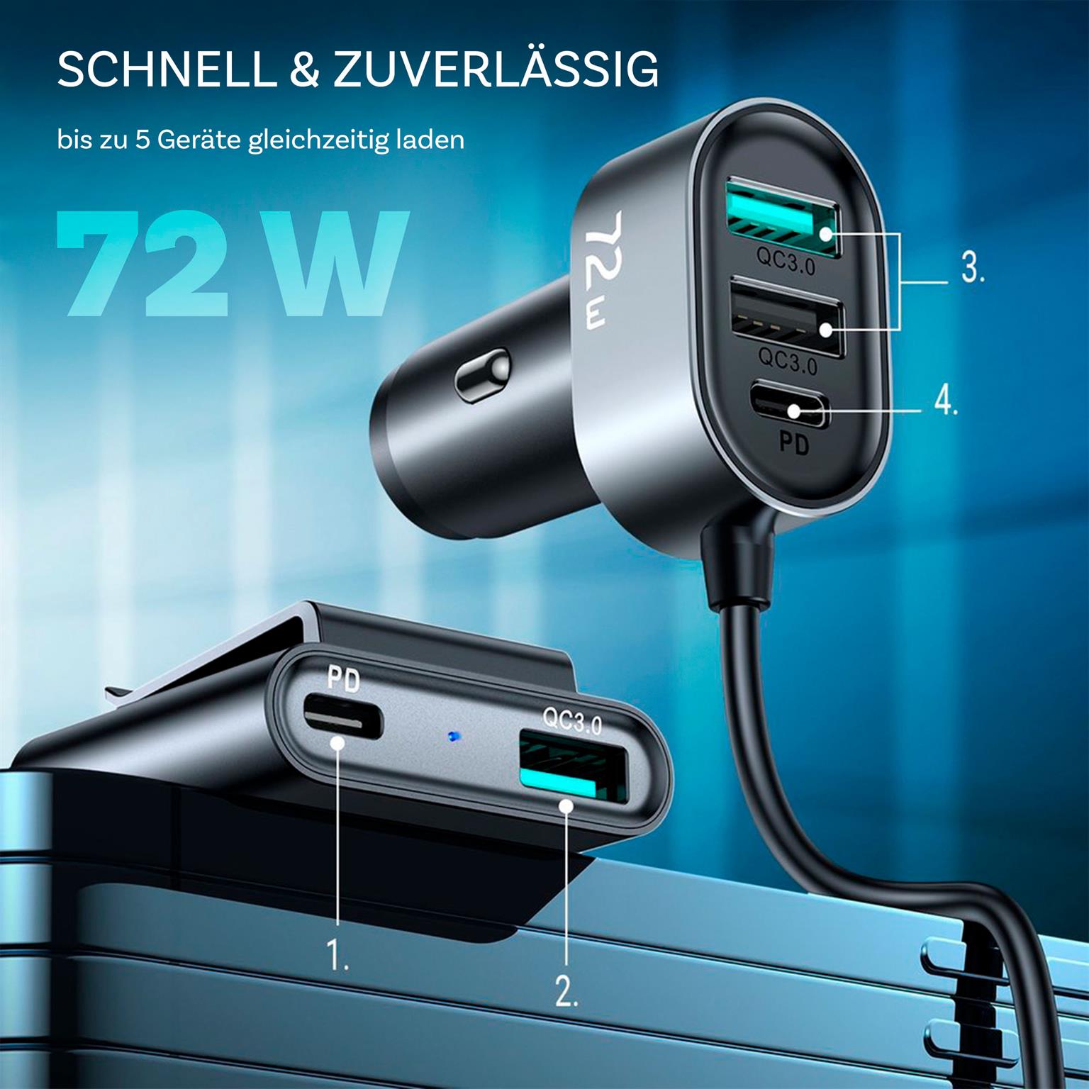 Joyroom Autoladegerät – für Smartphones und andere Geräte, Kfz-Ladegerät, 3x USB-A + 2x USB-C Anschlüsse – Weiteres Produktbild 1