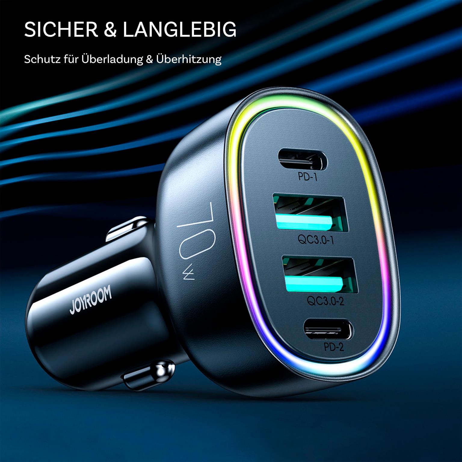 Joyroom Auto Ladegerät - Zigarettenanzünder USB-Ladegerät, Autoladeadapter 2x USB-A + 2x USB-C Anschluss, 70W – Weiteres Produktbild 1