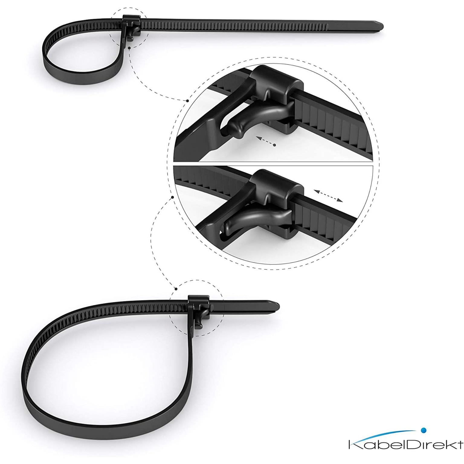 KabelDirekt Kabelbinder wiederverschließbar – Kabelbinder mit Schließmechanismus, 100 Stück, 7,4mm x 250mm – Weiteres Produktbild 3