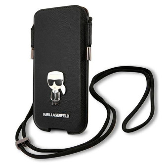 Karl Lagerfeld Saffiano Hardcase Handytasche – Karl Lagerfeld Handyhülle, Smartphone Umhängetasche mit Emblem – Schwarz