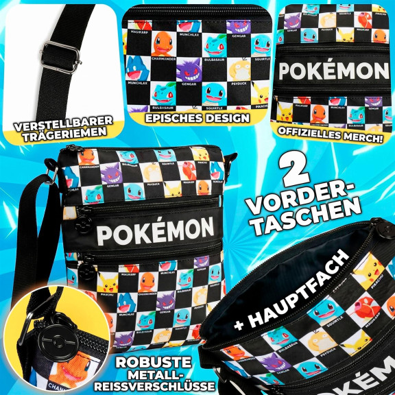 Pokémon Umhängetasche – Pokémon Schultertasche mit Reißverschlussfächern für unterwegs – Weiteres Produktbild 2
