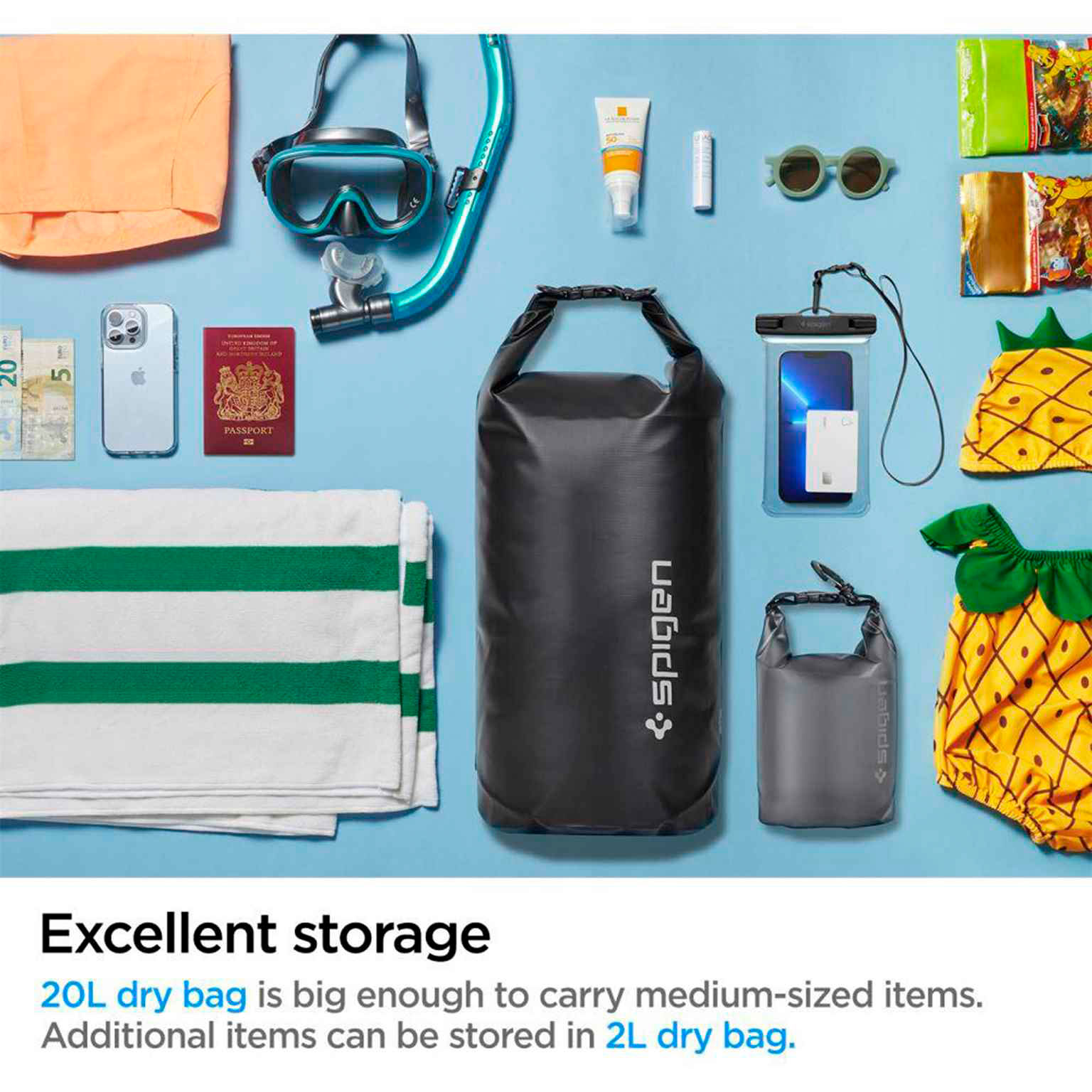 Spigen A630 Mehrzwecktaschen Set – Wasserdichte 20L und 2L Taschen, ideal für Outdoor und Reise – Weiteres Produktbild 8