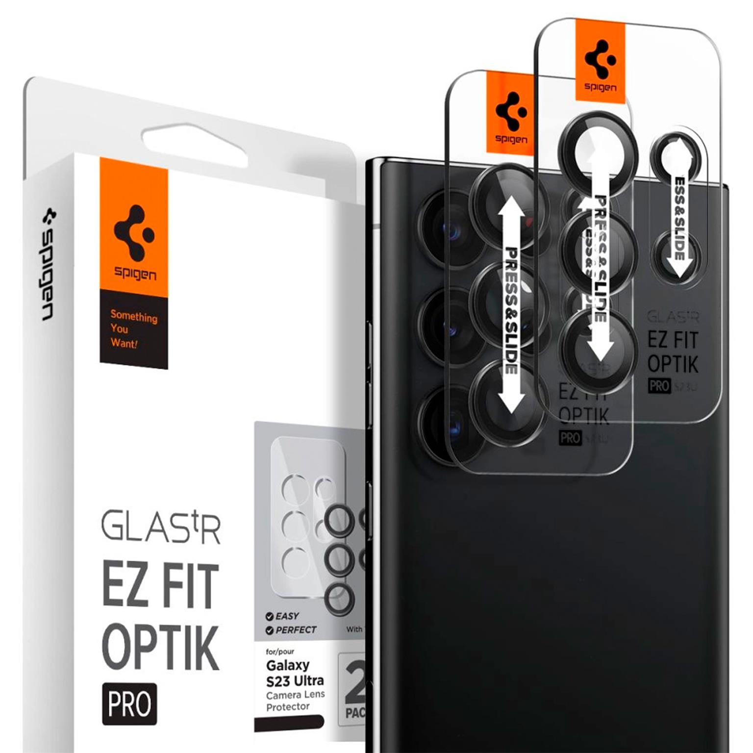 Spigen Glas.tR EZ Fit Optik Pro für Samsung Galaxy S23 Ultra – Hartglasabdeckung für Smartphone Kamera – Schwarz Spigen Glas.tR EZ Fit Optik Pro für Samsung Galaxy S23 Ultra – Hartglasabdeckung für Smartphone Kamera – Schwarz