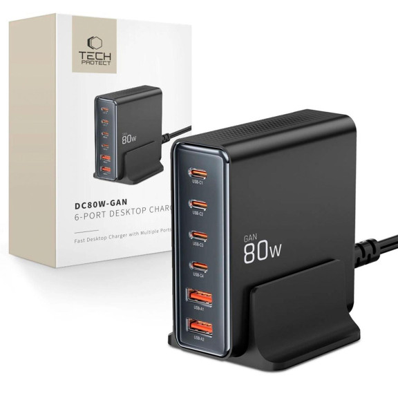 Tech-Protect 6-Port PD80W QC3.0 Ladestation – Multi USB Charger für gleichzeitiges Laden mehrerer Geräte  – Weiteres Produktbild 5