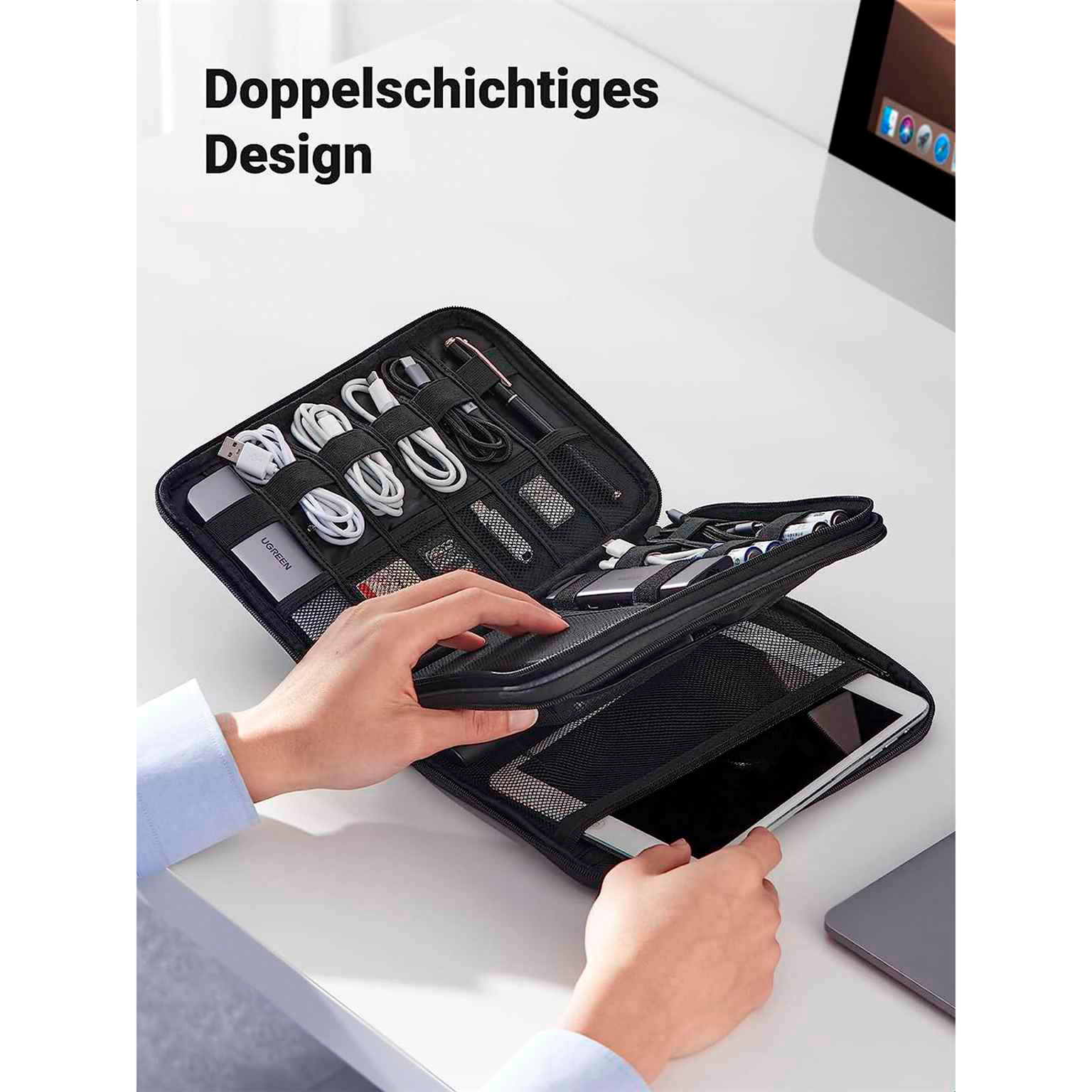 Ugreen Elektronik-Reisetasche – Großräumige Zubehörtasche für Kabel und diverse Geräte – Zweischichtig – Weiteres Produktbild 2
