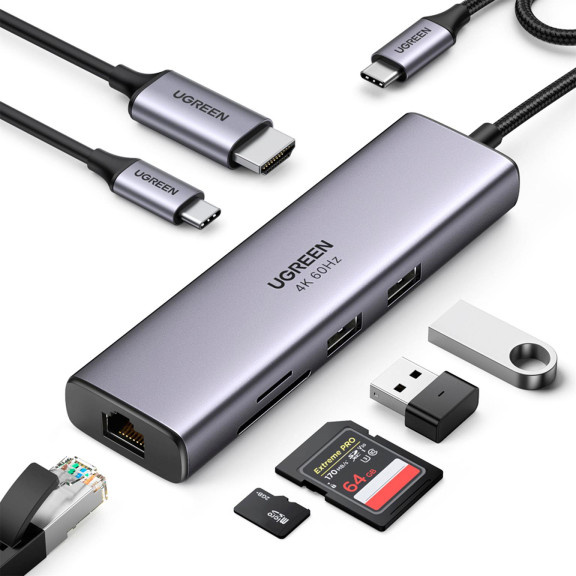 Ugreen Multifunktions-USB-Hub – USB-C für Smartphones und andere Geräte, HDMI, Kartenleser, USB-A und C, Ethernet – Weiteres Produktbild 4
