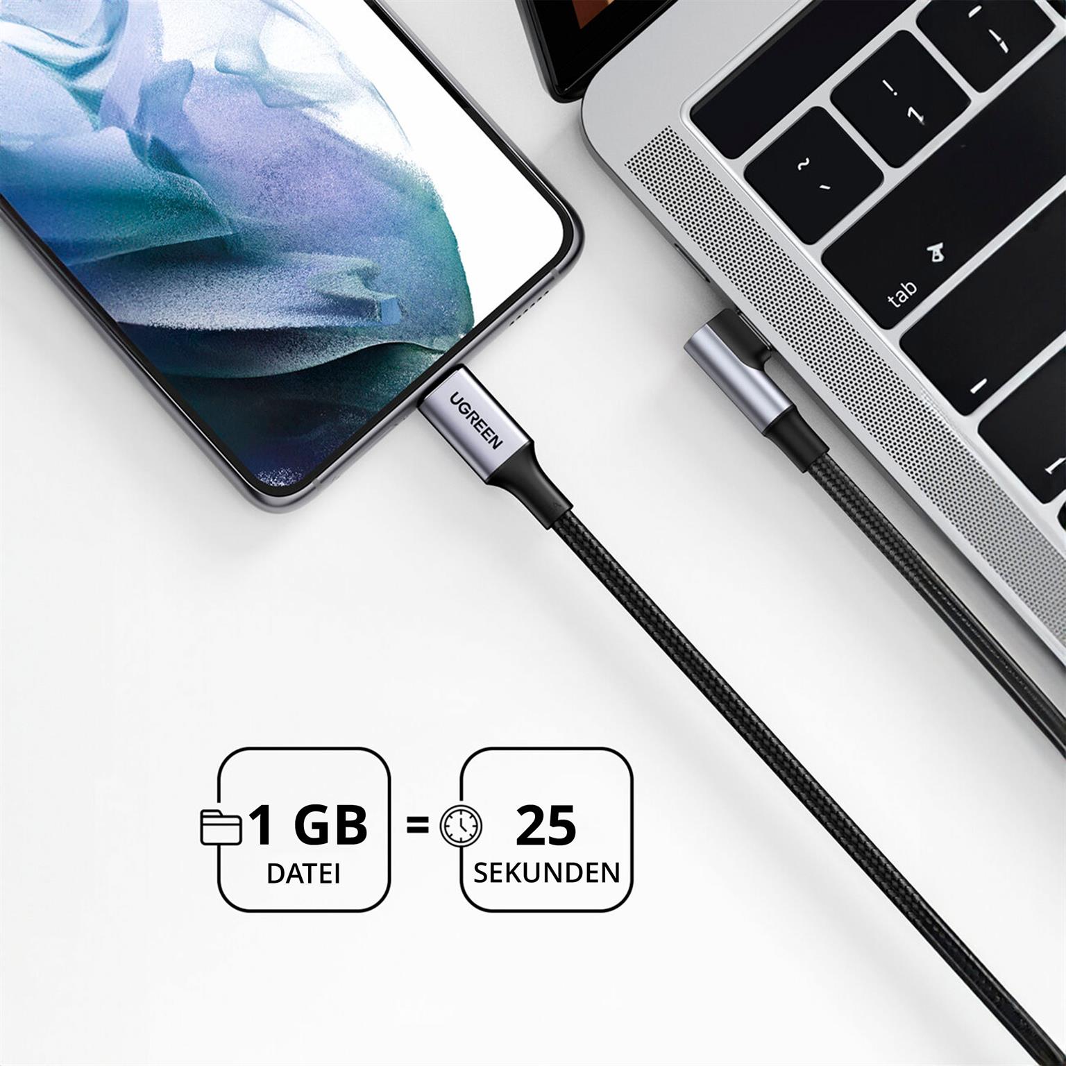 Ugreen Ladekabel – USB-C auf USB-C für Smartphones und anderes, 90 Grad Winkel einseitig, 100W, 2 m – Weiteres Produktbild 2