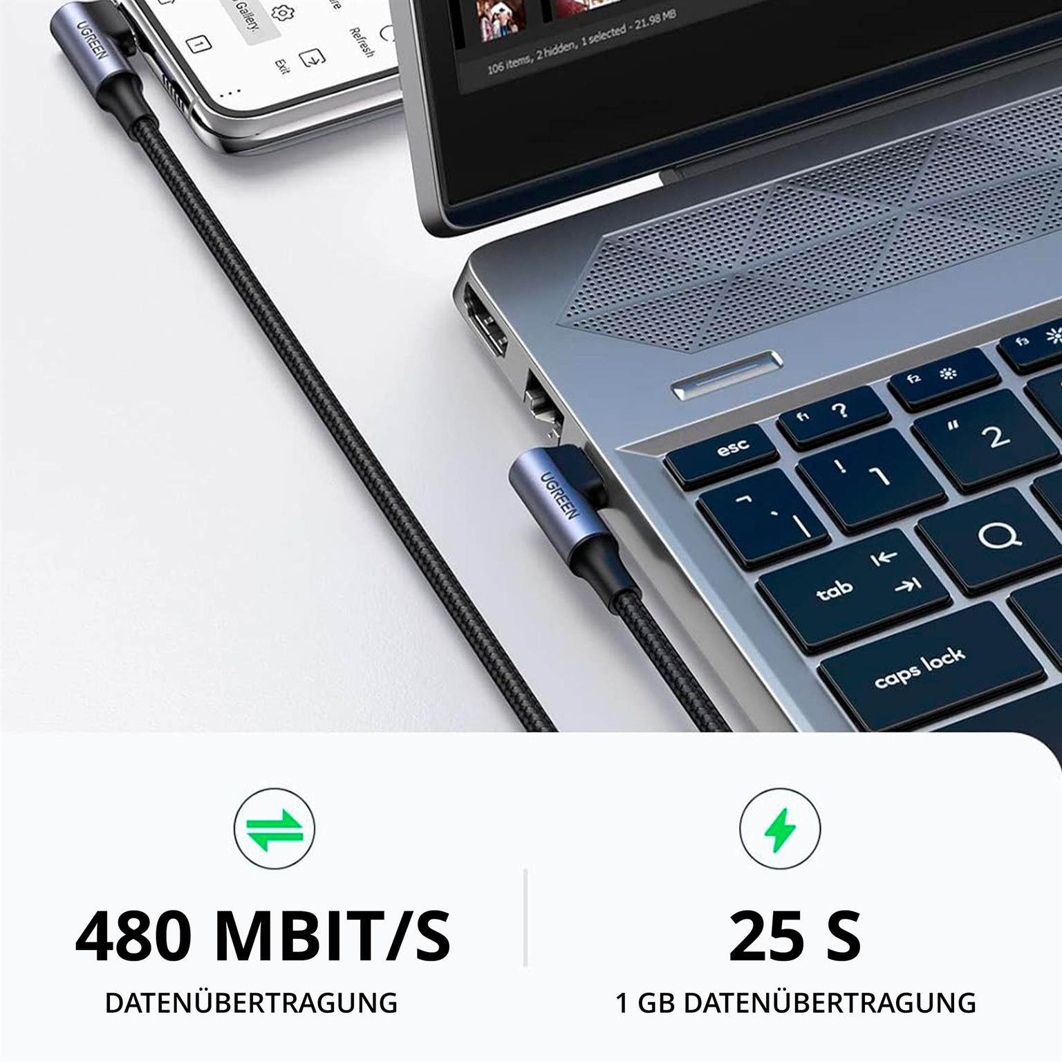 Ugreen Ladekabel – USB-C auf USB-C für Smartphones und anderes, 90 Grad Winkel beidseitig, 100W, 2 m – Weiteres Produktbild 3