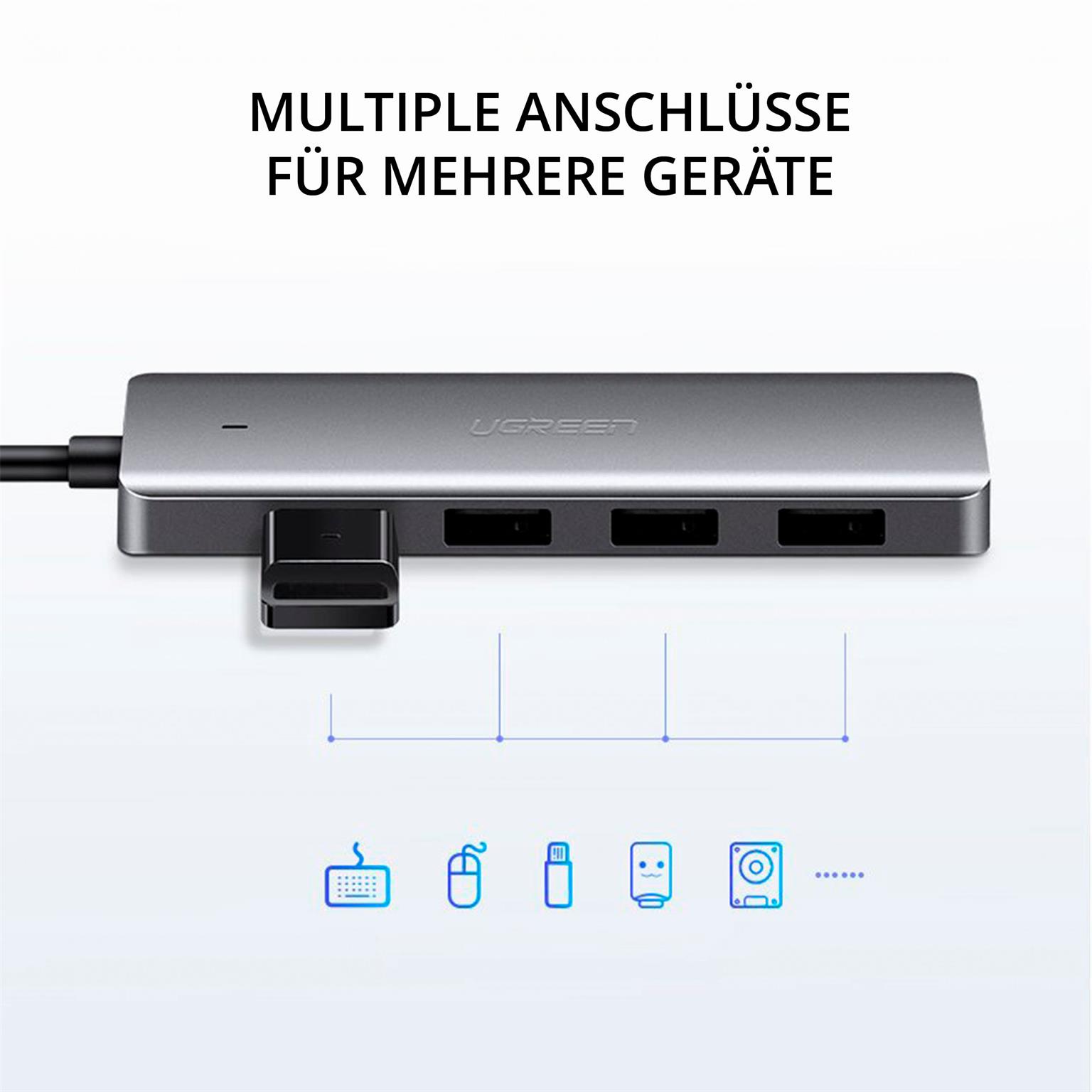 Ugreen USB-Hub  –  4x USB-A 3.2 Ports, für Smartphones und andere Geräte, Micro-USB Stromanschluss, USB-A Stecker – Weiteres Produktbild 1