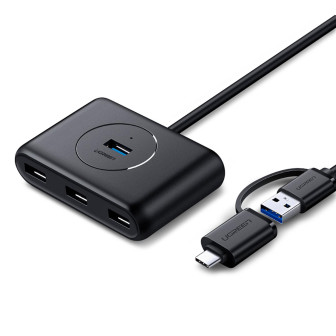 Ugreen USB-Hub CR113 – USB-C und USB-A auf 4x USB-A 3.0, 1 Meter Kabel, Hochgeschwindigkeits-Verbindung – Grau