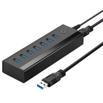 Ugreen USB-Hub US219 – USB-A auf USB-A Hub, 7 Ports, USB 3.0 Hub mit Netzteil, 1 Meter Kabel, Plug-and-Play – Schwarz