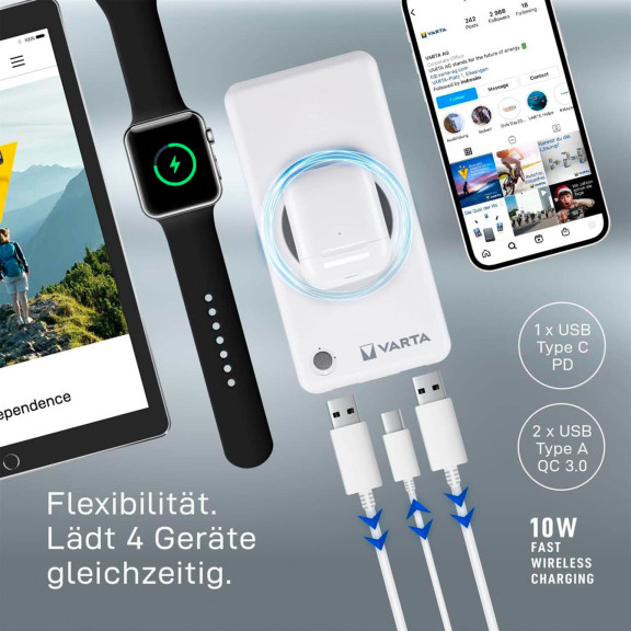 VARTA Powerbank – 2x USB-A + 1x USB-C bidirektional für Smartphones und andere Geräte, mit Qi-Charging, 10000 mAh – Weiteres Produktbild 6