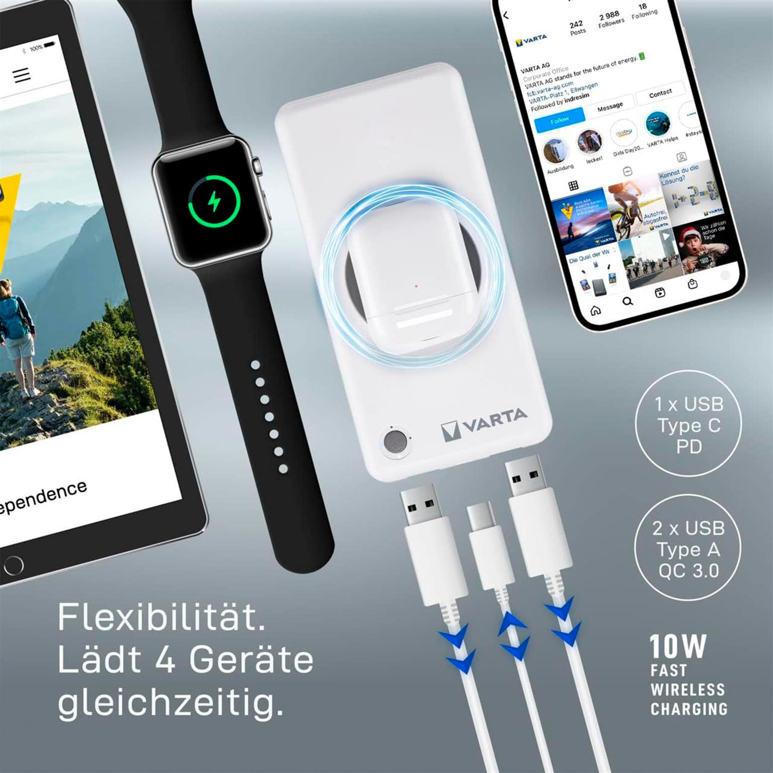 VARTA Powerbank – 2x USB-A + 1x USB-C bidirektional für Smartphones und andere Geräte, mit Qi-Charging, 10000 mAh – Weiteres Produktbild 5