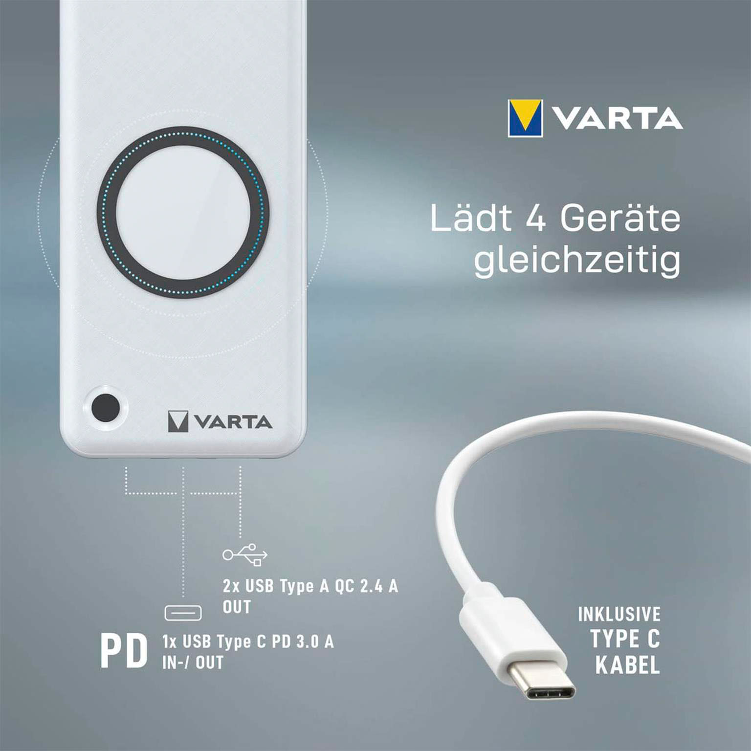 VARTA Powerbank – 2x USB-A + 1x USB-C bidirektional für Smartphones und andere Geräte, mit Qi-Charging, 20000 mAh – Weiteres Produktbild 5