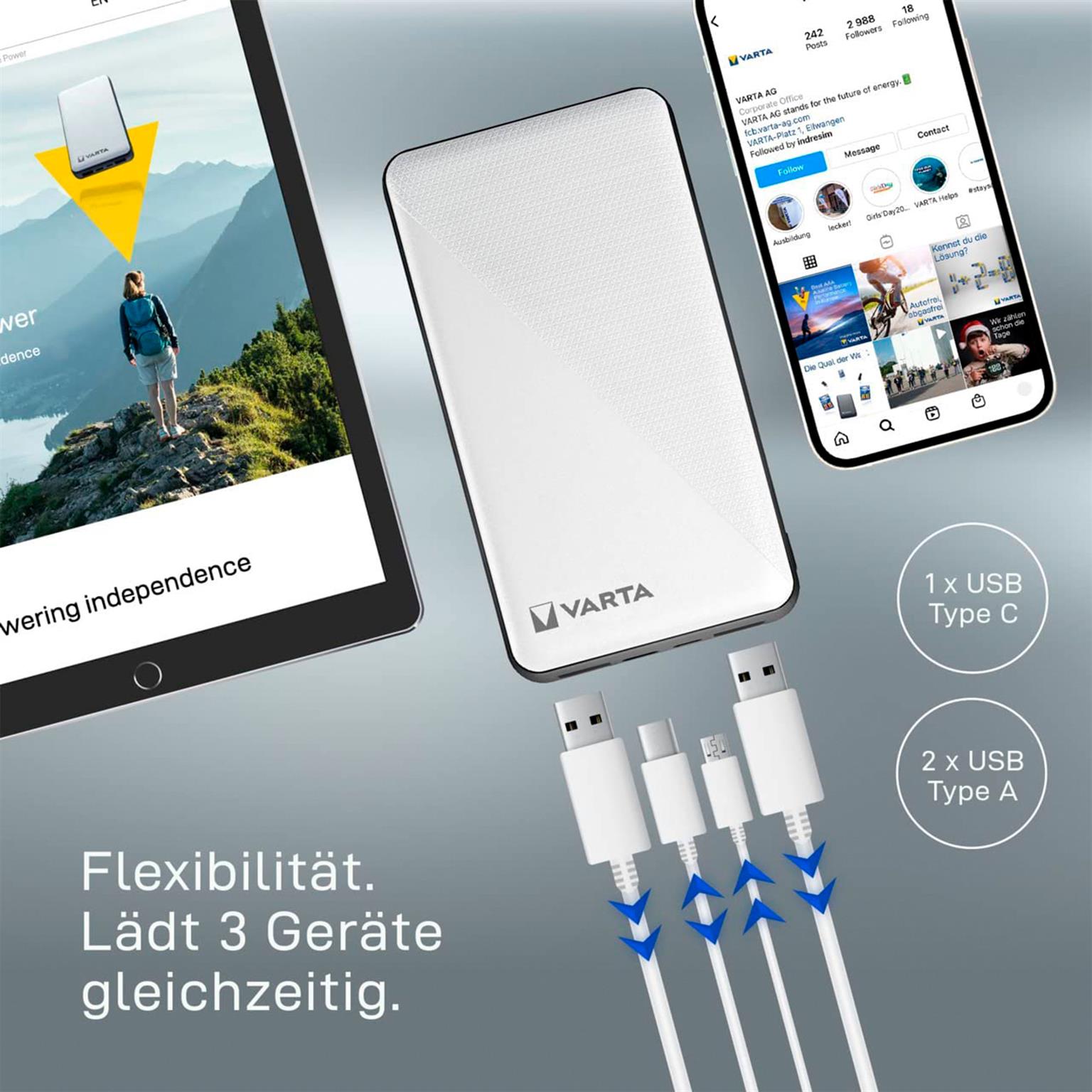 VARTA Powerbank – 2x USB-A + 1x USB-C bidirektional für Smartphones und andere Geräte – Energy Serie, 15000 mAh – Weiteres Produktbild 7