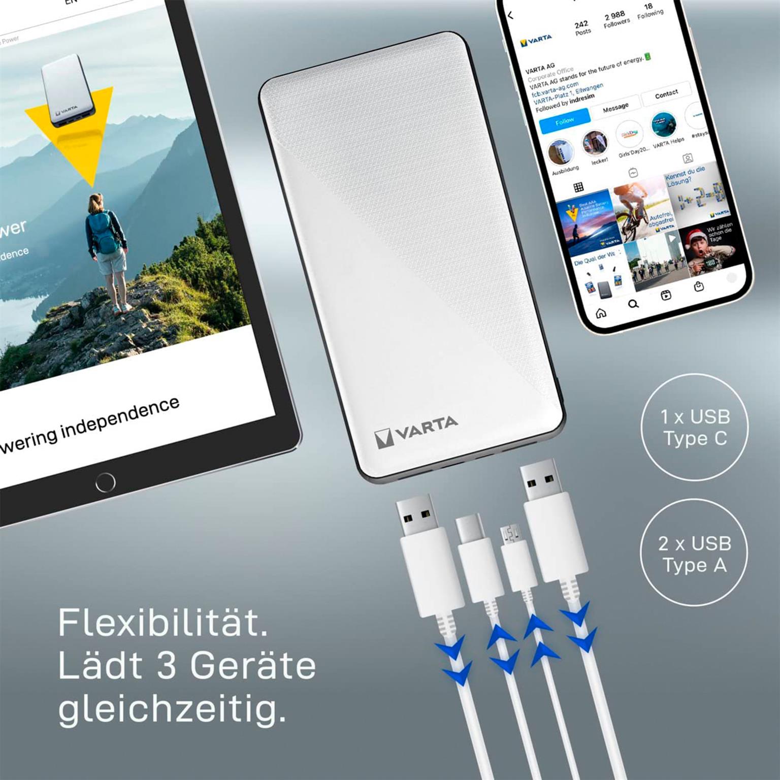 VARTA Powerbank – 2x USB-A + 1x USB-C bidirektional für Smartphones und andere Geräte – Energy Serie, 20000 mAh – Weiteres Produktbild 7