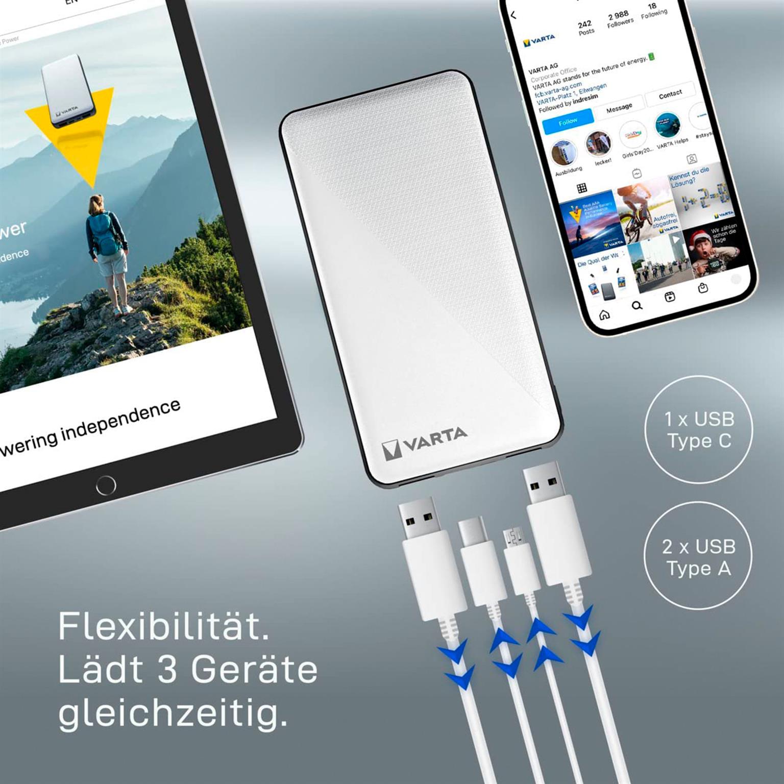 VARTA Powerbank – 2x USB-A + 1x USB-C bidirektional für Smartphones und andere Geräte – Energy Serie, 5000 mAh – Weiteres Produktbild 7